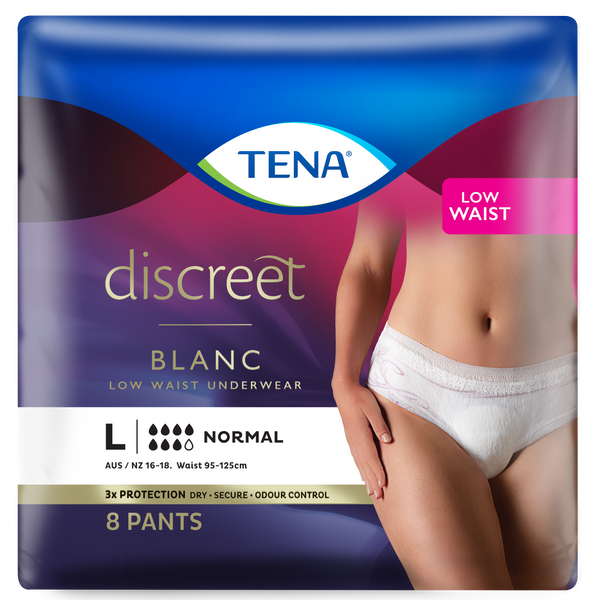 TENA Women's Discreet Underwear - White - Low Waist (Disposable) - TENA AU